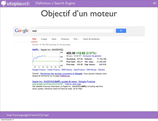 Déﬁnition » Search Engine   41


                                   Objectif d’un moteur




        http://www.google.fr/search?q=aapl
mardi 29 janvier 13
 
