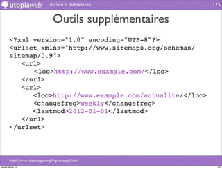 In-Site » Indexation          125


                                  Outils supplémentaires
         <?xml version="1.0" encoding="UTF-8"?>
         <urlset xmlns="http://www.sitemaps.org/schemas/
         sitemap/0.9">
            <url>
         ! !   <loc>http://www.example.com/</loc>
            </url>
            <url>
               <loc>http://www.example.com/actualite/</loc>
               <changefreq>weekly</changefreq>
               <lastmod>2012-01-01</lastmod>
            </url>
         </urlset>




         http://www.sitemaps.org/fr/protocol.html
jeudi 2 février 12                                             125
 
