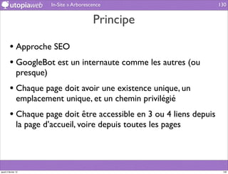 In-Site » Arborescence                    130


                                             Principe

         • Approche SEO
         • GoogleBot est un internaute comme les autres (ou
                presque)
         • Chaque page doit avoir une existence unique, un
                emplacement unique, et un chemin privilégié
         • Chaque page doit être accessible en 3 ou 4 liens depuis
                la page d’accueil, voire depuis toutes les pages




jeudi 2 février 12                                                    130
 
