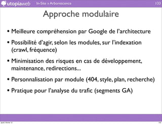 In-Site » Arborescence                       133


                              Approche modulaire
         • Meilleure compréhension par Google de l’architecture
         • Possibilité d’agir, selon les modules, sur l’indexation
                (crawl, fréquence)
         • Minimisation des risques en cas de développement,
                maintenance, redirections...
         • Personnalisation par module (404, style, plan, recherche)
         • Pratique pour l’analyse du traﬁc (segments GA)


jeudi 2 février 12                                                      133
 