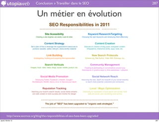 Conclusion » Travailler dans le SEO                  287


                                 Un métier en évolution




         http://www.seomoz.org/blog/the-responsibilities-of-seo-have-been-upgraded
jeudi 2 février 12                                                                    287
 