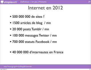 Déﬁnition » Un peu d’histoire   29


                                          Internet en 2012
                     • 500 000 000 de sites ?
                     • 1500 articles de blog / mn
                     • 20 000 posts Tumblr / mn
                     • 100 000 messages Twitter / mn
                     • 700 000 statuts Facebook / mn

                     • 40 000 000 d’internautes en France


         http://www.go-gulf.com/blog/60-seconds
jeudi 2 février 12                                              29
 