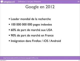 Déﬁnition » Un peu d’histoire       30


                                            Google en 2012

                     • Leader mondial de la recherche
                     • 100 000 000 000 pages indexées
                     • 60% de part de marché aux USA
                     • 90% de part de marché en France
                     • Intégration dans Firefox / iOS / Android



         http://www.webrankinfo.com/dossiers/google/chiffres-cles
jeudi 2 février 12                                                   30
 