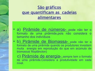 São gráficos 
que quantificam as cadeias 
alimentares 
• a) Pirâmide de números- pode não ter o 
formato de uma pirâmide,pois não considera o 
tamanho dos indivíduos 
• b) Pirâmide de Biomassa- pode não ter o 
formato de uma pirâmide quando os produtores investem 
muita energia em reprodução do que em acúmulo de 
biomassa( fitoplâncton) 
c) Pirâmide de energia- sempre tem o formato 
de uma pirâmide.Considera a produtividade em cada 
nível. 
 