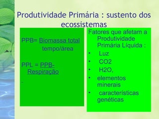 Produtividade Primária : sustento dos 
ecossistemas 
PPB= Biomassa total 
tempo/área 
PPL = PPB-Respiração 
Fatores que afetam a 
Produtividade 
Primária Líquida : 
• Luz 
• CO2 
• H2O, 
• elementos 
minerais 
• características 
genéticas 
 