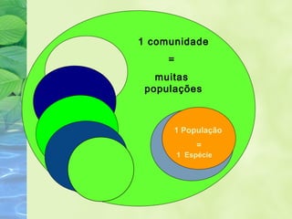 1 comunidade 
= 
muitas 
populações 
1 População 
= 
1 Espécie 
 