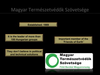 Magyar Természetvédők Szövetsége
Established: 1989
It is the leader of more than
100 Hungarian groups Important member of the
˝Friends of Earth˝
They don’t believe in political
and technical solutions
 