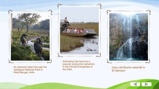 An elephant safari through the
Jaldapara National Park in
West Bengal, India

Airboating has become a
popular ecotourism attraction
in the Florida Everglades in
the USA

Llano del Muerto waterfall in
El Salvador

 