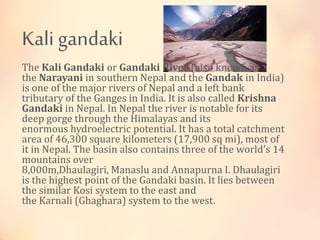Kali gandaki
The Kali Gandaki or Gandaki River (also known as
the Narayani in southern Nepal and the Gandak in India)
is one of the major rivers of Nepal and a left bank
tributary of the Ganges in India. It is also called Krishna
Gandaki in Nepal. In Nepal the river is notable for its
deep gorge through the Himalayas and its
enormous hydroelectric potential. It has a total catchment
area of 46,300 square kilometers (17,900 sq mi), most of
it in Nepal. The basin also contains three of the world's 14
mountains over
8,000m,Dhaulagiri, Manaslu and Annapurna I. Dhaulagiri
is the highest point of the Gandaki basin. It lies between
the similar Kosi system to the east and
the Karnali (Ghaghara) system to the west.
 