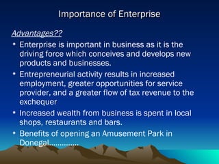 Importance of Enterprise Advantages?? Enterprise is important in business as it is the driving force which conceives and develops new products and businesses. Entrepreneurial activity results in increased employment, greater opportunities for service provider, and a greater flow of tax revenue to the exchequer Increased wealth from business is spent in local shops, restaurants and bars. Benefits of opening an Amusement Park in Donegal………….. 