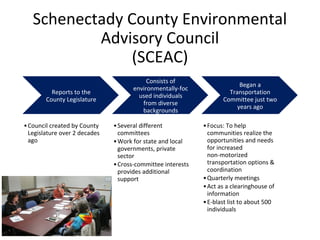 Schenectady County Environmental
Advisory Council
(SCEAC)
Reports to the
County Legislature
Consists of
environmentally-foc
used individuals
from diverse
backgrounds
Began a
Transportation
Committee just two
years ago
•Focus: To help
communities realize the
opportunities and needs
for increased
non-motorized
transportation options &
coordination
•Quarterly meetings
•Act as a clearinghouse of
information
•E-blast list to about 500
individuals
•Several different
committees
•Work for state and local
governments, private
sector
•Cross-committee interests
provides additional
support
•Council created by County
Legislature over 2 decades
ago
 