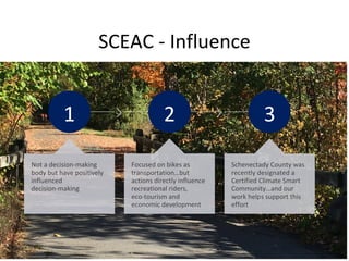 SCEAC - Influence
1
Not a decision-making
body but have positively
influenced
decision-making
2
Focused on bikes as
transportation…but
actions directly influence
recreational riders,
eco-tourism and
economic development
3
Schenectady County was
recently designated a
Certified Climate Smart
Community…and our
work helps support this
effort
 