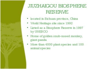 JIUZHAIGOU BIOSPHERE RESERVE located in Sichuan province, China World Heritage site since 1992 Listed as a Biosphere Reserve in 1997 by UNESCO Home of golden snub-nosed monkey, giant panda More than 4000 plant species and 100 animal species 