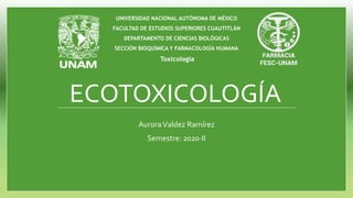 ECOTOXICOLOGÍA
UNIVERSIDAD NACIONAL AUTÓNOMA DE MÉXICO
FACULTAD DE ESTUDIOS SUPERIORES CUAUTITLÁN
DEPARTAMENTO DE CIENCIAS BIOLÓGICAS
SECCIÓN BIOQUÍMICA Y FARMACOLOGÍA HUMANA
Toxicología
AuroraValdez Ramírez
Semestre: 2020-II
 