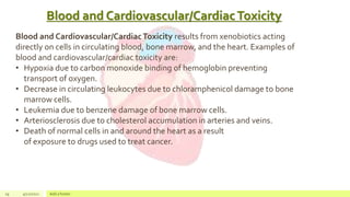 Blood and Cardiovascular/CardiacToxicity
29 4/22/2021 Add a footer
Blood and Cardiovascular/CardiacToxicity results from xenobiotics acting
directly on cells in circulating blood, bone marrow, and the heart. Examples of
blood and cardiovascular/cardiac toxicity are:
• Hypoxia due to carbon monoxide binding of hemoglobin preventing
transport of oxygen.
• Decrease in circulating leukocytes due to chloramphenicol damage to bone
marrow cells.
• Leukemia due to benzene damage of bone marrow cells.
• Arteriosclerosis due to cholesterol accumulation in arteries and veins.
• Death of normal cells in and around the heart as a result
of exposure to drugs used to treat cancer.
 
