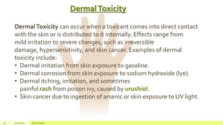 DermalToxicity
30 4/22/2021 Add a footer
DermalToxicity can occur when a toxicant comes into direct contact
with the skin or is distributed to it internally. Effects range from
mild irritation to severe changes, such as irreversible
damage, hypersensitivity, and skin cancer. Examples of dermal
toxicity include:
• Dermal irritation from skin exposure to gasoline.
• Dermal corrosion from skin exposure to sodium hydroxide (lye).
• Dermal itching, irritation, and sometimes
painful rash from poison ivy, caused by urushiol.
• Skin cancer due to ingestion of arsenic or skin exposure to UV light.
 