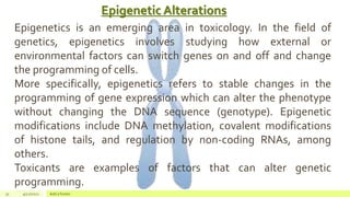 Epigenetic Alterations
31 4/22/2021 Add a footer
Epigenetics is an emerging area in toxicology. In the field of
genetics, epigenetics involves studying how external or
environmental factors can switch genes on and off and change
the programming of cells.
More specifically, epigenetics refers to stable changes in the
programming of gene expression which can alter the phenotype
without changing the DNA sequence (genotype). Epigenetic
modifications include DNA methylation, covalent modifications
of histone tails, and regulation by non-coding RNAs, among
others.
Toxicants are examples of factors that can alter genetic
programming.
 