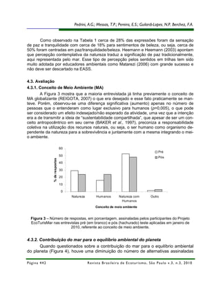 Pedrini, A.G.; Messas, T.P.; Pereira, E.S.; Guilardi-Lopes, N.P. Berchez, F.A.


       Como observado na Tabela 1 cerca de 28% das expressões foram da sensação
de paz e tranquilidade com cerca de 18% para sentimentos de beleza, ou seja, cerca de
50% foram centradas em paz/tranquilidade/beleza. Heemann e Heemann (2003) apontam
que percepção contemplativa da natureza traduz a significação de paz tradicionalmente,
aqui representada pelo mar. Esse tipo de percepção pelos sentidos em trilhas tem sido
muito adotada por educadores ambientais como Matarezi (2006) com grande sucesso e
não deve ser descartado na EASS.

4.3. Avaliação
4.3.1. Conceito de Meio Ambiente (MA)
       A Figura 3 mostra que a maioria entrevistada já tinha previamente o conceito de
MA globalizante (REIGOTA, 2007) o que era desejado e esse fato praticamente se man-
teve. Porém, observou-se uma diferença significativa (aumento) apenas no número de
pessoas que o entenderam como lugar exclusivo para humanos (p=0,005), o que pode
ser considerado um efeito indesejado/não esperado da atividade, uma vez que a intenção
era a de transmitir a ideia de “sustentabilidade compartilhada”, que apesar de ser um con-
ceito antropocêntrico em seu cerne (BAKER et al., 1997), preconiza a responsabilidade
coletiva na utilização dos recursos naturais, ou seja, o ser humano como organismo de-
pendente da natureza para a sobrevivência e juntamente com a mesma integrando o mei-
o ambiente.

                                60
                                                                                                            Pré
                                50                                                                          Pós
               % de respostas




                                40

                                30

                                20

                                10

                                 0
                                     Natureza          Humanos            Natureza com               Outro
                                                                           Humanos
                                                      Conceito de meio ambiente


  Figura 3 – Número de respostas, em porcentagem, assinaladas pelos participantes do Projeto
  EcoTurisMar nas entrevistas pré (em branco) e pós (hachurado) teste aplicadas em janeiro de
                        2010, referente ao conceito de meio ambiente.


4.3.2. Contribuição do mar para o equilíbrio ambiental do planeta
       Quando questionados sobre a contribuição do mar para o equilíbrio ambiental
do planeta (Figura 4), houve uma diminuição do número de alternativas assinaladas

Página 442                                      R e vi st a B r as i le i r a d e E c ot u r i s mo , S ã o P au lo v .3 , n .3 , 2 0 1 0
 