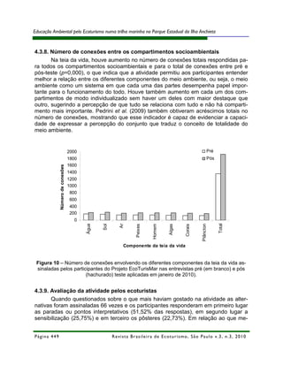 Educação Ambiental pelo Ecoturismo numa trilha marinha no Parque Estadual da Ilha Anchieta



4.3.8. Número de conexões entre os compartimentos socioambientais
       Na teia da vida, houve aumento no número de conexões totais respondidas pa-
ra todos os compartimentos socioambientais e para o total de conexões entre pré e
pós-teste (p=0,000), o que indica que a atividade permitiu aos participantes entender
melhor a relação entre os diferentes componentes do meio ambiente, ou seja, o meio
ambiente como um sistema em que cada uma das partes desempenha papel impor-
tante para o funcionamento do todo. Houve também aumento em cada um dos com-
partimentos de modo individualizado sem haver um deles com maior destaque que
outro, sugerindo a percepção de que tudo se relaciona com tudo e não há comparti-
mento mais importante. Pedrini et al. (2009) também obtiveram acréscimos totais no
número de conexões, mostrando que esse indicador é capaz de evidenciar a capaci-
dade de expressar a percepção do conjunto que traduz o conceito de totalidade do
meio ambiente.


                                  2000                                                                                   Pré
                                  1800                                                                                   Pós
                                  1600
             Número de conexões




                                  1400
                                  1200
                                  1000
                                   800
                                   600
                                   400
                                   200
                                    0                                                                                          Total
                                                           Ar
                                         Água




                                                                                                                  Plâncton
                                                Sol




                                                                                 Homem
                                                                      Peixes




                                                                                           Algas


                                                                                                       Corais




                                                             Componente da teia da vida


 Figura 10 – Número de conexões envolvendo os diferentes componentes da teia da vida as-
 sinaladas pelos participantes do Projeto EcoTurisMar nas entrevistas pré (em branco) e pós
                       (hachurado) teste aplicadas em janeiro de 2010).


4.3.9. Avaliação da atividade pelos ecoturistas
       Quando questionados sobre o que mais haviam gostado na atividade as alter-
nativas foram assinaladas 66 vezes e os participantes responderam em primeiro lugar
as paradas ou pontos interpretativos (51,52% das respostas), em segundo lugar a
sensibilização (25,75%) e em terceiro os pôsteres (22,73%). Em relação ao que me-


Página 449                                            R e vi st a B r as i le i r a d e E c ot u r i s mo , S ã o P au lo v .3 , n .3 , 2 0 1 0
 