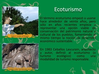 Ecoturismo	El término ecoturismo empezó a usarse hace alrededor de veinte años, pero sólo en años recientes empieza a representar una opción viable de conservación del patrimonio natural y cultural de los pueblos, fomentando al mismo tiempo la noción de desarrollo económico sustentable. 	En 1983 Ceballos Lascurain, arquitecto y autor, definió al ecoturismo (o turismo ecológico) como una modalidad de turismo responsable.