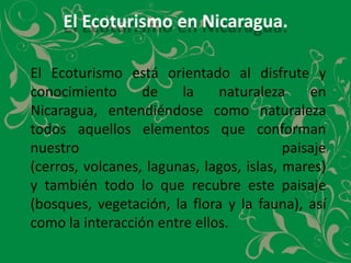 El Ecoturismo en Nicaragua.	El Ecoturismo está orientado al disfrute y conocimiento de la naturaleza en Nicaragua, entendiéndose como naturaleza todos aquellos elementos que conforman nuestro paisaje (cerros, volcanes, lagunas, lagos, islas, mares) y también todo lo que recubre este paisaje (bosques, vegetación, la flora y la fauna), así como la interacción entre ellos.