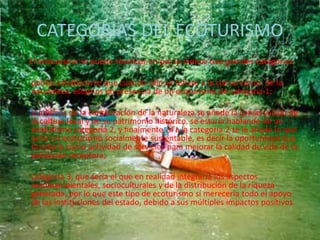 CATEGORIAS DEL ECOTURISMO
El ecoturismo se puede clasificar en por lo menos tres grandes categorías.

podría establecerse que cuando sólo se refiere a la conservación de la
naturaleza, estamos en presencia de un ecoturismo de categoría 1;

si además de la conservación de la naturaleza se añade la conservación de
la cultura local y de su patrimonio histórico, se estaría hablando de un
ecoturismo categoría 2, y finalmente, si a la categoría 2 se le añade lo que
sería un ecoturismo socialmente sustentable, es decir la oportunidad que
brindaría como actividad de servicios para mejorar la calidad de vida de la
población receptora,

categoría 3, que sería el que en realidad integraría los aspectos
medioambientales, socioculturales y de la distribución de la riqueza
generada, por lo que este tipo de ecoturismo sí merecería todo el apoyo
de las instituciones del estado, debido a sus múltiples impactos positivos.
 