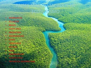 PAISES MAS DESTACADOS EN
                ECOTURISMO
•   MARRUECOS
•   ECUADOR
•   BRAZIL
•   COSTA RICA
•   ARGENTINA
•   MADAGASCAR
•   KENIA
•   VENEZUELA
•   MEXICO
•   PERU
•   MADAGASCAR
•   PUERTO RICO
•   PEPUBLICA DOMINICANA
 