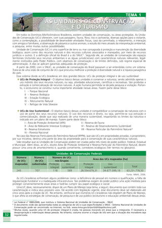 3232
5
Lei Federal n° 9985/2000, que instituiu o Sistema Nacional de Unidades de Conservação - SNUC
6
O documento onde são apresentadas todas as categorias de UCs e suas especificidades o SNUC - Sistema Nacional de Unidades de
Conservação pode ser encontrado na Internet, no link: www.mma.gov.br/port/sbf/dap/doc/snuc.pdf.
7
Muitas vezes, quando uma UC de proteção integral é criada, há pessoas morando em áreas que a integrarão. É necessária a
desapropriação e indenização dessas pessoas. No entanto, costuma ocorrer a criação de UCs sem que a situação dos moradores seja
regularizada.
Em todos os Domínios Morfoclimáticos Brasileiros, existem unidades de conservação, ou áreas protegidas. As Unida-
des de Conservação (UCs) oferecem, com suas paisagens, fauna, flora, rios e cachoeiras, diversas opções para o visitante,
como a contemplação, a possibilidade de desenvolver atividades físicas, caso da caminhada, o relaxamento, a interação
com amigos e familiares, a observação de pássaros e outros animais, o estudo do meio através da interpretação ambiental,
a pesquisa, entre muitas outras possibilidades.
Unidade de Conservação (UC) é uma superfície de terra ou mar consagrada à proteção e manutenção da diversidade
biológica, assim como dos recursos naturais e dos recursos culturais associados e manejados, por meio de recursos
jurídicos e outros. E a definição oficial do Brasil é a do SNUC5
. Segundo ele, as unidades de conservação são espaços
territoriais (incluindo seus recursos ambientais e as águas jurisdicionais) com características naturais relevantes, legal-
mente instituídos pelo Poder Público, com objetivos de conservação e de limites definidos, sob regime especial de
administração. A elas se aplicam garantias adequadas de proteção.
A partir de 2000, com o SNUC, as unidades de conservação do Brasil passaram a ser entendidas como um sistema.
Trata-se de uma visão de conjunto de UCs que procurou melhorar a proteção à diversidade natural e à riqueza paisagística
do país.
Esse sistema divide as UCs brasileiras em dois grandes blocos: UCs de proteção integral e de uso sustentável.
UCs de Proteção Integral - O objetivo básico dessas unidades é conservar a natureza, sendo admitido apenas o
uso indireto dos seus recursos naturais, ou seja, atividades educacionais, científicas e recreativas. São proibidas a
extração e comercialização de recursos naturais. A ação humana permitida se dá pela pesquisa e visitação. Portan-
to, o ecoturismo se constitui numa importante atividade nessas áreas. Fazem parte desse bloco:
I - Parque Nacional
II - Reserva Biológica
III - Estação Ecológica
IV - Monumento Natural
V - Refúgio de Vida Silvestre
UCs de Uso Sustentável - O objetivo básico dessas unidades é compatibilizar a conservação da natureza com o
uso de parte dos seus recursos naturais. O uso dos recursos é direto, ou seja, permite-se sua extração e
comercialização, desde que seja realizado de uma maneira sustentável, respeitando os limites da natureza e
indicado em um plano de manejo. Fazem parte deste bloco:
I - Área de Proteção Ambiental (APA) V - Reserva de Fauna
II - Área de Relevante Interesse Ecológico VI - Reserva de Desenvolvimento Sustentável
III - Reserva Extrativista VII - Reserva Particular do Patrimônio Natural 6
IV - Floresta Nacional
No caso das Reservas Particulares do Patrimônio Natural (RPPN), que são UCs em propriedades privadas, o proprietário,
por sua iniciativa, destina uma parte da área da propriedade para a conservação de suas características naturais.
Vale ressaltar que as Unidades de Conservação podem ser criadas pelos três níveis de poder público: Federal, Estadual
e Municipal. Além disso, as UCs, exceto Área de Proteção Ambiental e Reserva Particular do Patrimônio Natural, devem
possuir uma zona de amortecimento e, quando conveniente, corredores ecológicos (Ver termos no glossário).
Unidades de Conservação Federais
Número Número Número de UCs
Área das UCs mapeadas (ha)
de UCs de UCs nos Grupos
mapeadas cadastradas Proteção Uso Proteção Uso
Totalintegral sustentável integral sustentável
245 707 118 589 28.554.679,31 34.677.099,19 63.231.778,50
Fonte: MMA, 2006.
As UCs brasileiras enfrentam alguns problemas como: a deficiência de pessoal em número e qualificação, a falta de
regularização fundiária7
e a inadequada infra-estrutura. Tais problemas exigem do poder público uma ação imediata para
proteger convenientemente essas áreas e fazê-las cumprir seu papel ecológico e social.
Uma UC deve, necessariamente, dispor de um Plano de Manejo (veja tema, a seguir), documento que contém toda sua
caracterização e indica seus possíveis usos. De acordo com legislação vigente, esse documento deve ser elaborado até
cinco anos após a criação da UC. No entanto, verifica-se que inúmeras UCs brasileiras não dispõem de Plano de Manejo,
o que afeta as estratégias de conservação, de pesquisa e de uso público (ecoturismo e educação ambiental) dessas áreas.
TEMA 1
AS UNIDADES DE CONSERVAÇÃO
E O TURISMO
AS UNIDADES DE CONSERVAÇÃO
E O TURISMO
Ecoturismo_Sil.P65 26/3/2007, 13:4932
 