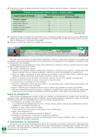 3434
PLANEJAMENTO DO ECOTURISMO
TEMA 2
PLANEJAMENTO DO ECOTURISMO
Para que o ecoturismo possa ser desenvolvido respeitando a natureza e cultura local, inserindo a comunidade local
nas decisões, assim como contribuindo para que o ecoturista tenha uma experiência rica e agradável, é necessário investir
no planejamento das atividades.
O planejamento é uma atividade que envolve vários profissionais, é dinâmica e contínua, estando presente em todas
as fases do desenvolvimento do turismo.
Para realizar o planejamento, deve-se:
Identificar seus objetivos (valorizar culturas locais, diversificar a economia local, qualificar a mão-de-obra local,
educar o visitante, diminuir impactos ambientais, incentivar um ganho de qualidade nos produtos etc.);
Pensar na relação e integração de vários aspectos que compõem a área de estudo: físico e ambiental, legal,
financeiro, político-institucional, promocional, econômicos, sociais, culturais;
Verificar o tamanho da área de estudo: internacional, nacional, macro e micro regional, municipal, local.
Estes itens precisam ser levados em conta, uma vez que o ecoturismo deve:
Contribuir para a conservação do meio ambiente;
Promover a valorização cultural das comunidades e sua capacitação para o gerenciamento participativo e de
mínimo impacto dos recursos envolvidos;
Buscar a diversificação e integração econômica para a melhoria da qualidade de vida das comunidades;
Procurar no desenvolvimento do ecoturismo, a integração e equilíbrio entre conservação ambiental, respeito pela
cultura local e a diversificação de atividades econômicas que devem ocorrer graças ao processo participativo.
Etapas do planejamento _________________________________________________________________
Todo processo de planejamento envolve as fases de inventário, ou levantamento da situação inicial, definição de
objetivos e metas, desenvolvimento de ações e avaliação, em um processo seqüencial. Apontamos, a seguir, as principais
questões que precisam ser respondidas para o inicio do processo de planejamento:
1) Levantamento da situação: onde estamos?
É o conhecimento da realidade, das estruturas, atrativos, serviços, clientes, visão da comunidade sobre o turismo,
problemas e necessidades existentes, etc.
2) Objetivos e metas: aonde queremos chegar?
O que queremos do turismo para a comunidade a curto e médio prazo?
3) Ações: como chegaremos lá?
Definição das ações necessárias para atingir os objetivos.
4) Avaliação e monitoramento: como saber se atingimos os objetivos?
Analisando metas, produtos e sistemas de monitoramento, que forneçam indicadores sobre os resultados e as
necessidades de correção e adequação.
A sustentabilidade do planejamento _____________________________________________________
As técnicas e recursos atuais de planejamento devem ter como base os princípios e diretrizes do “desenvolvimento
sustentável”. Sobre esse assunto, veja o módulo II do livro Ética, Meio Ambiente e Cidadania para o Turismo. Com base,
nos princípios do desenvolvimento sustentável, foi construído o conceito de turismo sustentável, fundamental para o
planejamento do ecoturismo.
3) Pesquise se há alguma Unidade de Conservação em seu município ou estado. De que tipo? O turismo é desenvolvido
nela(s)? Quais são as principais atividades e características da atividade? Ela tem Plano de Manejo? Como se encon-
tram as diretrizes para o ecoturismo nesse plano?
4) Pesquise o histórico da criação das Unidades de Conservação.
2) Analisando os dados da tabela apresentada, pesquise UCs federais abertas à visitação, a categoria a que pertence e
onde se localizam.
Unidades de Conservação Federais abertas à visitação pública
Grupo/Categoria de Manejo
Número de Unidades de Conservação
Cadastradas Abertas à visitação
Proteção Integral
Estação Ecológica 31 0
Monumento Natural 0 0
Parque Nacional 58 15
Refúgio de Vida Silvestre 2 0
Reserva Biológica 27 0
Total Parcial 118 15
Fonte: MMA, 2006.
Ecoturismo_Sil.P65 26/3/2007, 13:4934
 
