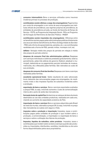 ________________________________________________________________ Uma perspectiva macroeconômica 2003-2009
Economia do turismo
consumo intermediário Bens e serviços utilizados como insumos
(matérias-primas) no processo de produção.
contribuições sociais efetivas a cargo dos empregadores Pagamentos
por conta do empregador e em nome de seus empregados aos insti-
tutos oficiais de previdência, aos regimes próprios de previdência, às
entidades de previdência privada, ao fundo de Garantia doTempo de
Serviço - FGTS, ao Programa da Integração Social - PIS e ao Programa
de Formação do Patrimônio do Servidor Público - PASEP.
contribuições sociais imputadas dos empregadores Diferença entre
os benefícios sociais pagos pelas administrações públicas diretamente
aos seus servidores (beneficiários do Plano de Seguridade do Servidor
- PSS) sob a forma de aposentadorias, pensões, etc. e as contribuições
recebidas sob a forma de PSS, pensão militar, montepio civil, etc.
deflator Variação média dos preços do período em relação à média
dos preços do período anterior.
despesas de consumo final das administrações públicas Despesas
com serviços individuais e coletivos prestados gratuitamente, total ou
parcialmente, pelas três esferas de governo (federal, estadual e mu-
nicipal), deduzindo-se os pagamentos parciais (entradas de museus,
matrículas, etc.) efetuados pelas famílias. São valorados ao custo de
sua produção.
despesas de consumo final das famílias Despesas com bens e serviços
realizadas pelas famílias.
excedente operacional bruto Saldo resultante do valor adicionado
bruto deduzido das remunerações pagas aos empregados, do rendi-
mento misto e dos impostos líquidos de subsídios incidentes sobre
a produção.
exportação de bens e serviços Bens e serviços exportados avaliados
a preços FOB, ou seja, incluindo somente o custo de comercialização
interna até o porto de saída das mercadorias.
formação bruta de capital fixoAcréscimos ao estoque de bens duráveis
destinados ao uso das unidades produtivas, realizados em cada ano,
visando ao aumento da capacidade produtiva do País.
importação de bens e serviços Bens e serviços adquiridos pelo Brasil
do resto do mundo, valorados a preços CIF, ou seja, incluindo no preço
das mercadorias os custos com seguro e frete.
impostos sobre a produção e importação Impostos, taxas e contri-
buições pagos pelas unidades de produção e que incidem sobre a
produção, a comercialização, a importação e a exportação de bens e
serviços e sobre a utilização dos fatores de produção.
Impostos, líquidos de subsídios, sobre produtos Impostos, taxas e
contribuições que incidem sobre os bens e serviços quando são produ-
zidos ou importados, distribuídos, vendidos, transferidos ou de outra
forma disponibilizados pelos seus proprietários.
 