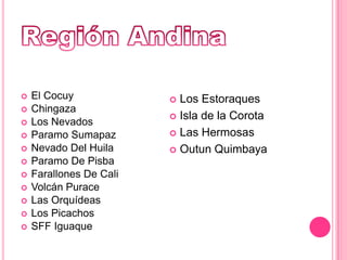 Región AndinaEl CocuyChingazaLos NevadosParamo SumapazNevado Del HuilaParamo De PisbaFarallones De CaliVolcán PuraceLas OrquídeasLos PicachosSFF IguaqueLos EstoraquesIsla de la CorotaLas HermosasOutun Quimbaya 