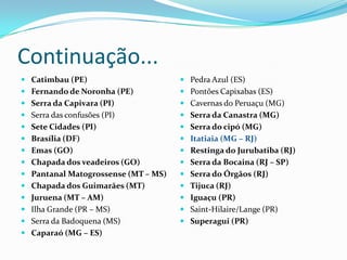 Continuação...
 Catimbau (PE)                       Pedra Azul (ES)
 Fernando de Noronha (PE)            Pontões Capixabas (ES)
 Serra da Capivara (PI)              Cavernas do Peruaçu (MG)
 Serra das confusões (PI)            Serra da Canastra (MG)
 Sete Cidades (PI)                   Serra do cipó (MG)
 Brasília (DF)                       Itatiaia (MG – RJ)
 Emas (GO)                           Restinga do Jurubatiba (RJ)
 Chapada dos veadeiros (GO)          Serra da Bocaina (RJ – SP)
 Pantanal Matogrossense (MT – MS)    Serra do Órgãos (RJ)
 Chapada dos Guimarães (MT)          Tijuca (RJ)
 Juruena (MT – AM)                   Iguaçu (PR)
 Ilha Grande (PR – MS)               Saint-Hilaire/Lange (PR)
 Serra da Badoquena (MS)             Superagui (PR)
 Caparaó (MG – ES)
 