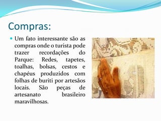 Compras:
 Um fato interessante são as
 compras onde o turista pode
 trazer    recordações      do
 Parque: Redes, tapetes,
 toalhas, bolsas, cestos e
 chapéus produzidos com
 folhas de buriti por artesãos
 locais.   São peças        de
 artesanato         brasileiro
 maravilhosas.
 