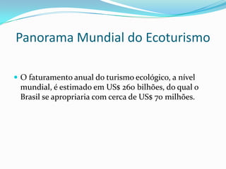 Panorama Mundial do Ecoturismo

 O faturamento anual do turismo ecológico, a nível
 mundial, é estimado em US$ 260 bilhões, do qual o
 Brasil se apropriaria com cerca de US$ 70 milhões.
 