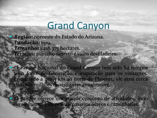 Grand Canyon
 Região: noroeste do Estado do Arizona.
 Fundação: 1919.
 Tamanho: 1.218.375 hectares.
 Terreno: planalto deserto e vasto desfiladeiro.

 O Parque Nacional do Grand Canyon tem sido há tempos
 uma fonte de fascinação e inspiração para os visitantes.
 Localizado a 402,3 km ao norte de Phoenix, ele atrai cerca
 de cinco milhões de visitantes anualmente.

 O parque oferece um grande conjunto de atividades, indo
 do alpinismo e da pesca a passeios aéreos e caminhadas.
 