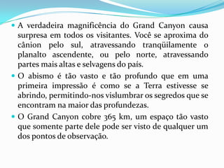  A verdadeira magnificência do Grand Canyon causa
  surpresa em todos os visitantes. Você se aproxima do
  cânion pelo sul, atravessando tranqüilamente o
  planalto ascendente, ou pelo norte, atravessando
  partes mais altas e selvagens do país.
 O abismo é tão vasto e tão profundo que em uma
  primeira impressão é como se a Terra estivesse se
  abrindo, permitindo-nos vislumbrar os segredos que se
  encontram na maior das profundezas.
 O Grand Canyon cobre 365 km, um espaço tão vasto
  que somente parte dele pode ser visto de qualquer um
  dos pontos de observação.
 