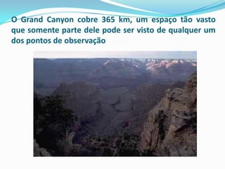 O Grand Canyon cobre 365 km, um espaço tão vasto
que somente parte dele pode ser visto de qualquer um
dos pontos de observação
 