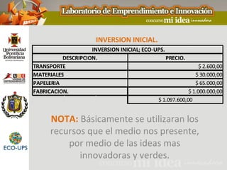 INVERSION INICIAL.
                    INVERSION INICIAL; ECO-UPS.
          DESCRIPCION.                          PRECIO.
TRANSPORTE                                                    $ 2.600,00
MATERIALES                                                  $ 30.000,00
PAPELERIA                                                   $ 65.000,00
FABRICACION.                                             $ 1.000.000,00
                                            $ 1.097.600,00


      NOTA: Básicamente se utilizaran los
      recursos que el medio nos presente,
          por medio de las ideas mas
             innovadoras y verdes.
 