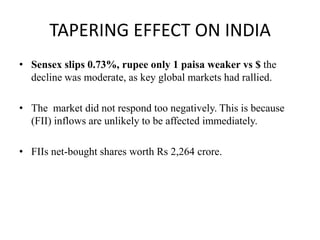 TAPERING EFFECT ON INDIA
• Sensex slips 0.73%, rupee only 1 paisa weaker vs $ the
decline was moderate, as key global markets had rallied.
• The market did not respond too negatively. This is because
(FII) inflows are unlikely to be affected immediately.
• FIIs net-bought shares worth Rs 2,264 crore.

 