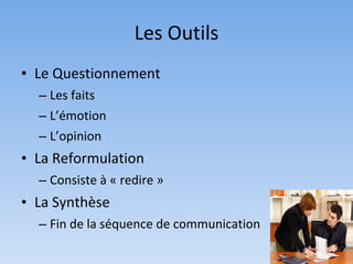 Les Outils
• Le Questionnement
  – Les faits
  – L’émotion
  – L’opinion
• La Reformulation
  – Consiste à « redire »
• La Synthèse
  – Fin de la séquence de communication
 