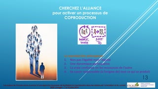 Les enjeux de l’écoute active à service d’une approche innovante de facilitation et coproduction dans les métiers de l’orientation et du conseil
BGE Limoges – 7 et 8 juillet 2014
CHERCHEZ L’ALLIANCE
pour activer un processus de
COPRODUCTION
La coproduction présuppose :
1. Non pas l’égalité mais l’équité
2. Une dynamique participative
3. La vraie confiance en les ressources de l’autre
4. Se savoir responsable (à l’origine de) tout ce qui se produit
13
 