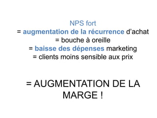 NPS fort
= augmentation de la récurrence d’achat
            = bouche à oreille
   = baisse des dépenses marketing
    = clients moins sensible aux prix


  = AUGMENTATION DE LA
        MARGE !
 