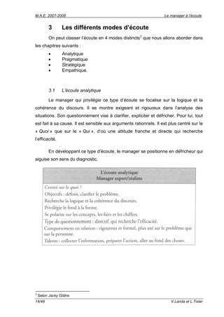 M.A.E. 2007-2008                                                   Le manager à l’écoute


          3      Les différents modes d’écoute
          On peut classer l’écoute en 4 modes distincts3 que nous allons aborder dans
les chapitres suivants :
          •      Analytique
          •      Pragmatique
          •      Stratégique
          •      Empathique.



          3.1    L’écoute analytique

          Le manager qui privilégie ce type d’écoute se focalise sur la logique et la
cohérence du discours. Il se montre exigeant et rigoureux dans l’analyse des
situations. Son questionnement vise à clarifier, expliciter et défricher. Pour lui, tout
est fait à sa cause. Il est sensible aux arguments rationnels. Il est plus centré sur le
« Quoi » que sur le « Qui », d’où une attitude franche et directe qui recherche
l’efficacité.

          En développant ce type d’écoute, le manager se positionne en défricheur qui
aiguise son sens du diagnostic.




3
    Selon Jacky Glâtre
14/48                                                                  V.Landa et L.Tixier
 