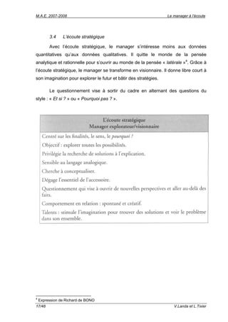 M.A.E. 2007-2008                                                  Le manager à l’écoute




         3.4    L’écoute stratégique

         Avec l’écoute stratégique, le manager s’intéresse moins aux données
quantitatives qu’aux données qualitatives. Il quitte le monde de la pensée
analytique et rationnelle pour s’ouvrir au monde de la pensée « latérale »4. Grâce à
l’écoute stratégique, le manager se transforme en visionnaire. Il donne libre court à
son imagination pour explorer le futur et bâtir des stratégies.

         Le questionnement vise à sortir du cadre en alternant des questions du
style : « Et si ? » ou « Pourquoi pas ? ».




4
    Expression de Richard de BONO
17/48                                                                V.Landa et L.Tixier
 