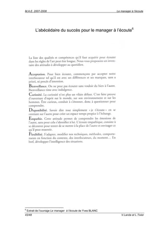 M.A.E. 2007-2008                                               Le manager à l’écoute




          L’abécédaire du succès pour le manager à l’écoute6




6
    Extrait de l’ouvrage Le manager à l’écoute de Yves BLANC
43/48                                                             V.Landa et L.Tixier
 