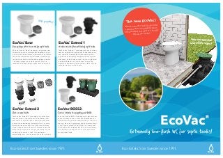 Eco-toilets from Sweden since 1991.
EcoVac®
Wostman
Wostman
Extremely low-flush WC for septic tanks!
Vakuum-WC that
saves 90% water!
Eco-toilets from Sweden since 1991.
The new EcoVac!
After thousands of sold EcoVac toilet
systems comes an updated version
of the smartest and most eco-friendly
WC on the market.
EcoVac®
Base
Base package with 1 Ecovac WC for septic tanks.
EcoVac®
Extend 1
1 EcoVac WC who fits most kinds of septic tanks.
With an EcoVac ”Base” package, you get the best
vacuum-toilet on the market at unbeatable price
and comfort! A real water toilet made of porcelain
that consumes extremely little water. Used mainly
for septic tanks that can handle negative pressure.
The tank be below or above ground. Can be
installed in houses, boats, buses, trains and more.
The EcoVac ”Extend 1” package gets you the best
vacuum toilets on the market at unbeatable price
and comfort! A real water toilet made of porce-
lain that uses extremely little water. Extend works
with many kinds of septic tanks. Vacuum is formed
inside the Extend unit, which then ”drops” the
waste into the underlying container / tank. Can be
extended later for more toilets.
EcoVac®
Extend 2
For 2 or more toilets.
The EcoVac ”Extend 2” package you get the best
vacuum toilet in the market at unbeatable price
and comfort! Genuine WC toilets made of porce-
lain that uses extremely little water. For 2 or more
EcoVac to the same drain tank. Works with many
kinds of septic tanks. Vacuum is formed inside the
Extend unit, which then ”drops” the waste into the
underlying container / tank. This package is
expandable later if more toilets are to be installed!
EcoVac®
BOSS2
For 1 or 2 EcoVac to composting unit BOSS2.
With the EcoVac BOSS:2 package you get the best
vacuum toilets on the market at unbeatable price
and comfort! A genuine water flush WC of ceramic
that can be used in places where flush toilets usual-
ly can not be installed. The BOSS:2 unit can have 1
or 2 EcoVac WC installed. BOSS:2 is a composting
unit. Perfect for those who do not get permission
for the closed tank.
Most popular!
 