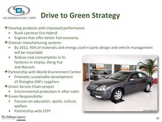 Drive to Green Strategy Develop products with improved performance • Buick Lacrosse Eco-Hybrid • Engines that offer better fuel economy Greener manufacturing systems • By 2012, 95% of materials and energy used in parts design and vehicle management  will be recyclable • Reduce coal consumption in its  factories in Jinqiao, Dong Yue  and Norsom Partnership with World Environment Center • Promotes sustainable development  of Shanghai GM’s suppliers Green Service Chain project • Environmental protection in after-sales Green Responsibility • Focuses on education, sports, culture,  welfare  • Partnership with CEPF 