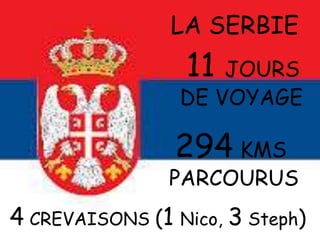 4 CREVAISONS (1 Nico, 3 Steph)
LA SERBIE
11 JOURS
DE VOYAGE
294 KMS
PARCOURUS
 