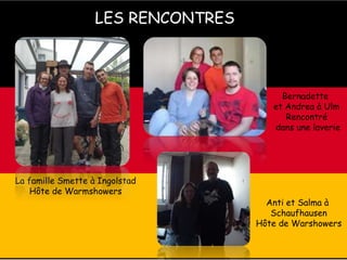 LES RENCONTRES
La famille Smette à Ingolstad
Hôte de Warmshowers
Bernadette
et Andrea à Ulm
Rencontré
dans une laverie
Anti et Salma à
Schaufhausen
Hôte de Warshowers
 
