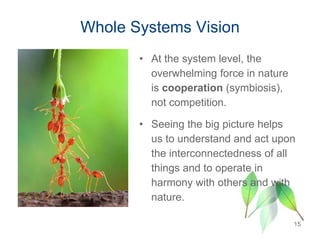 Whole Systems Vision
• At the system level, the
overwhelming force in nature
is cooperation (symbiosis),
not competition.
• Seeing the big picture helps
us to understand and act upon
the interconnectedness of all
things and to operate in
harmony with others and with
nature.
15
 